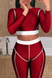 Темно-красный Повседневная спортивная одежда Пэчворк Классический С круглым вырезом Длинный рукав Из двух частей