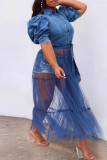 Robe bleu profond mode casual grande taille patchwork maille col rabattu manches courtes