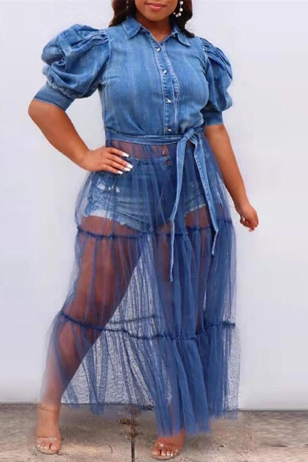 Blauwe mode casual plus size patchwork mesh turndown kraag korte mouw jurk