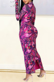 Vestidos de falda de un paso con abertura de patchwork con estampado sexy púrpura