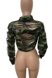 Camouflage Street Camouflage Print Ripped Patchwork Buckle Turndown Collar Long Sleeve Regular Denim Jacket
