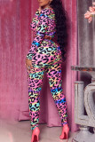 Roze sexy print luipaard patchwork vierkante kraag lange mouw twee stukken