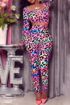 Pink Sexy Print Leopard Split Joint Square Collar Long Sleeve Two Pieces