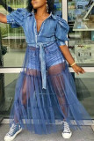 ブルーファッションカジュアルプラスサイズパッチワークメッシュターンダウンカラー半袖ドレス