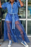 Синее модное повседневное платье больших размеров в стиле пэчворк с отложным воротником и короткими рукавами