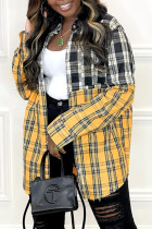 Yellow Fashion Casual Plaid Print Patchwork Turndown Collar Tops