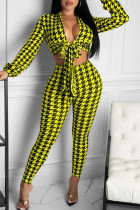 Yellow Sexy Print Bandage Split Joint V Neck Long Sleeve Two Pieces