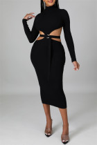 Schwarzes, sexy, lässiges, solides, ausgehöhltes Kleid mit Gürtel, Rollkragen und langen Ärmeln
