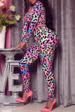 Roze sexy print luipaard patchwork vierkante kraag lange mouw twee stukken