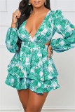 Pink Fashion Casual Print Hollowed Out V Neck Long Sleeve Dresses