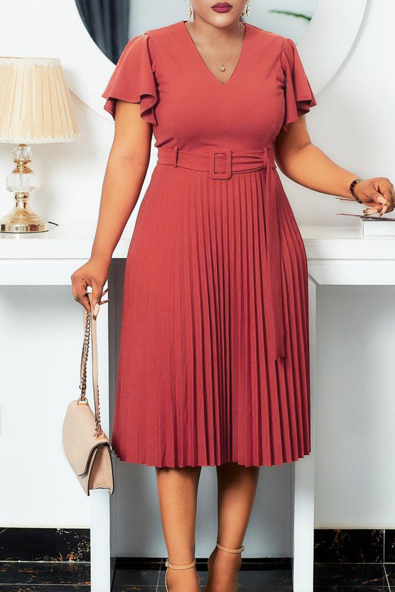 

Orange Pink Elegant Solid Split Joint V Neck Pleated Plus Size Dresses