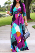 Многоцветные модные повседневные платья с принтом и V-образным вырезом с длинным рукавом