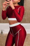 Темно-красный Повседневная спортивная одежда Пэчворк Классический С круглым вырезом Длинный рукав Из двух частей
