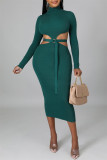 Coffee Sexy Casual Solid Hollowed Out With Belt Turtleneck Long Sleeve Dresses