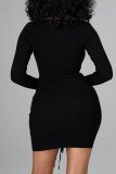 Schwarze, sexy, solide, ausgehöhlte, Patchwork-Frenulum-Bleistiftrock-Kleider mit V-Ausschnitt
