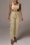 Khaki Fashion Casual Solid Regular High Waist Trousers