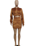 Brown Sexy Solid Patchwork Zipper Collar Long Sleeve Two Pieces