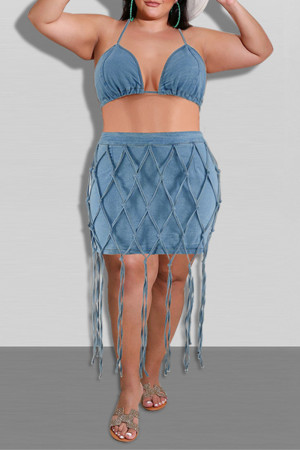 Blue Fashion Sexy Patchwork Tassel Bandage Backless Halter Plus Size Two Pieces