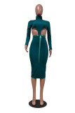 Ink Green Sexy Casual Solid Hollowed Out With Belt Turtleneck Long Sleeve Dresses