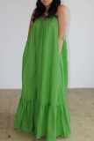グリーンセクシーカジュアルソリッドバックレススパゲッティストラップルーズスリングドレス
