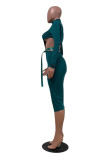 Vert d'encre Sexy Casual solide évidé avec des robes à manches longues col roulé ceinture