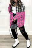Rose Red Fashion Casual Plaid Print Patchwork Turndown Collar Tops