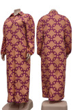 Marrom casual estampado patchwork fivela turndown colarinho reto vestidos tamanhos grandes