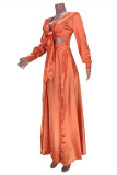 Vestidos de manga comprida laranja moda bandagem sólida vazada com decote em V