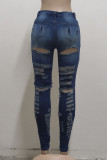 Jeans de mezclilla regular de cintura alta rasgados sólidos casuales de moda azul
