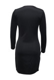 Vestidos de manga larga con cuello en V básicos sólidos casuales de moda negra
