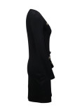Черные модные повседневные однотонные базовые платья с V-образным вырезом и длинными рукавами