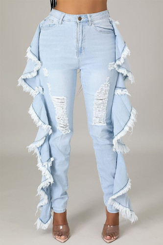 Light Blue Street Solid Tassel Ripped Make Old Split Joint Flounce High Waist Skinny Denim Jeans