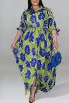 Groen Casual print patchwork met riem Kraag Rechte grote maten jurken