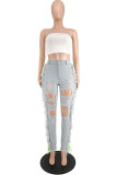 Light Color Sexy Solid Bandage Make Old Straight Lace Up Tassel Ripped Denim Jeans