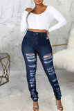 Dark Blue Fashion Casual Solid High Waist Regular Ripped Denim Jeans