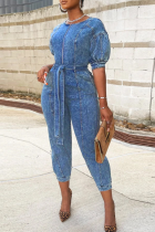 Blue Casual Solid Patchwork O Neck Harlan Jumpsuits