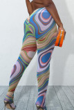 Pantaloni con stampa completa a vita alta skinny trasparenti patchwork con stampa sexy verde