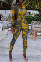 Gele sexy print patchwork rits kraag reguliere jumpsuits