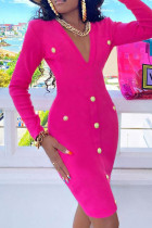 Розово-красные модные повседневные однотонные базовые платья с длинным рукавом с V-образным вырезом
