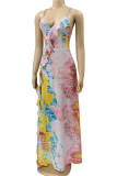 Multicolor Sexy Print Patchwork Backless Flounce Asymmetrical V Neck Sling Dress Dresses