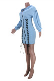 Lichtblauwe mode-casual effen bandage-jurken met capuchon, kraag en lange mouwen
