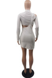 White Sexy Casual Solid Hollowed Out Patchwork Turtleneck Long Sleeve Dresses
