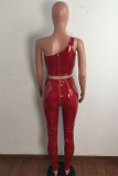 Red Fashion Sexy Solid Backless Asymmetrical One Shoulder Sleeveless Two Pieces