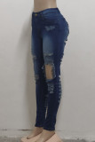 Blå Mode Casual Solid Ripped High Waist Regular Denim Jeans