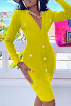 Желтые модные повседневные однотонные базовые платья с V-образным вырезом и длинным рукавом