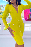 Vestidos de manga comprida casuais casuais amarelos com decote em V básico