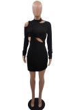 Black Sexy Casual Solid Hollowed Out Patchwork Turtleneck Long Sleeve Dresses