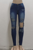 Blue Fashion Casual Solid High Waist Regular Ripped Denim Jeans