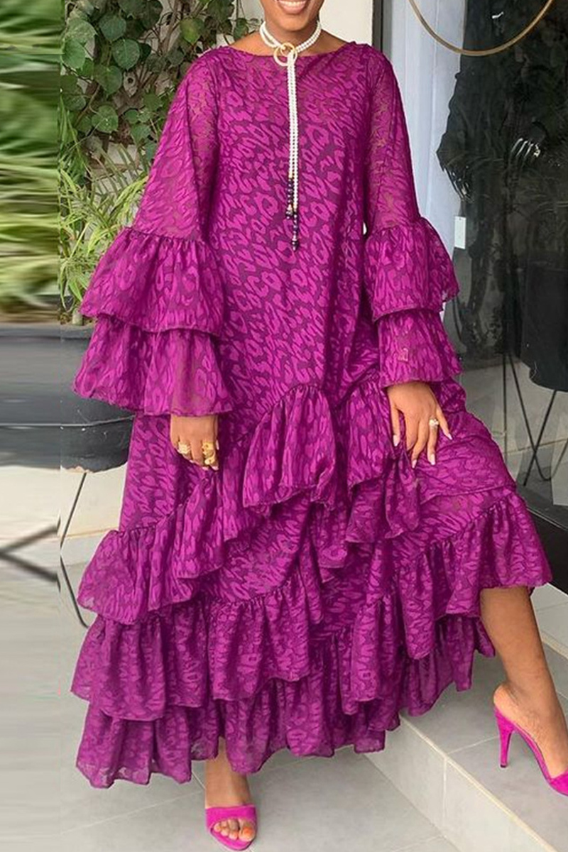 

Purple Fashion Casual Print Split Joint O Neck Long Sleeve Dresses