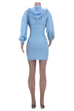 ライトブルーファッションカジュアル固体包帯パッチワークフード付き襟長袖ドレス